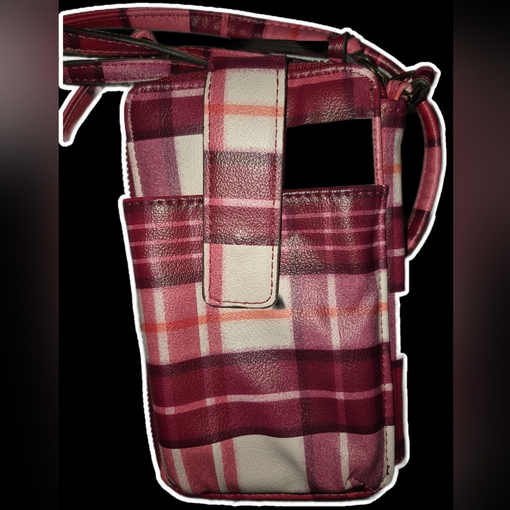 Plaid Cell Phone Crossbody Bag - Red and Pink